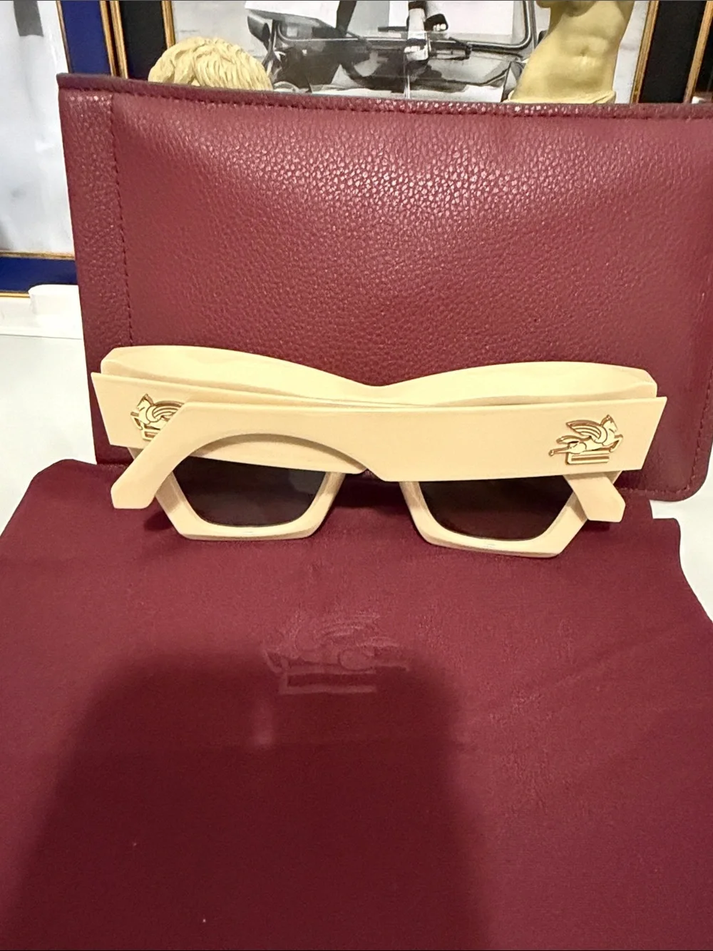Excellent condition. Etro Cream Cat-Eye Sunglasses with Brown Lenses
